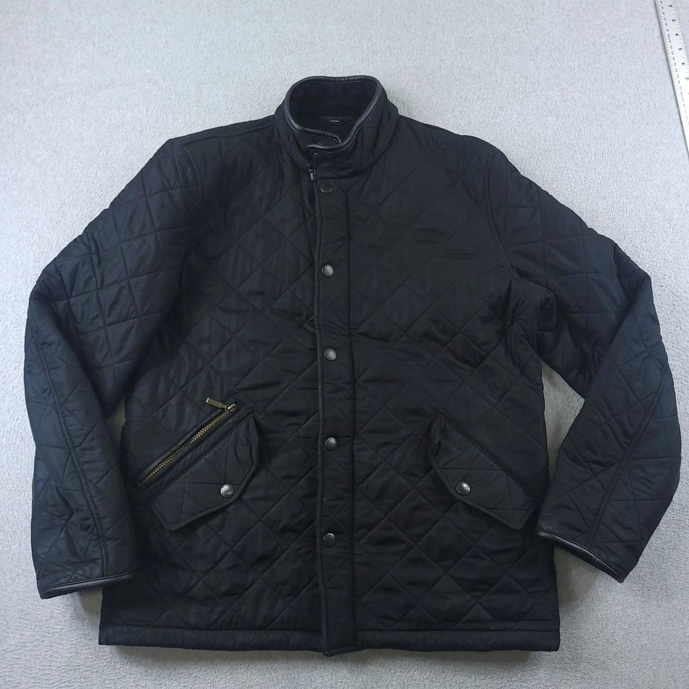 Barbour Powell Jacket Mens Large Black Quilted Fleece Lined Leather Trim